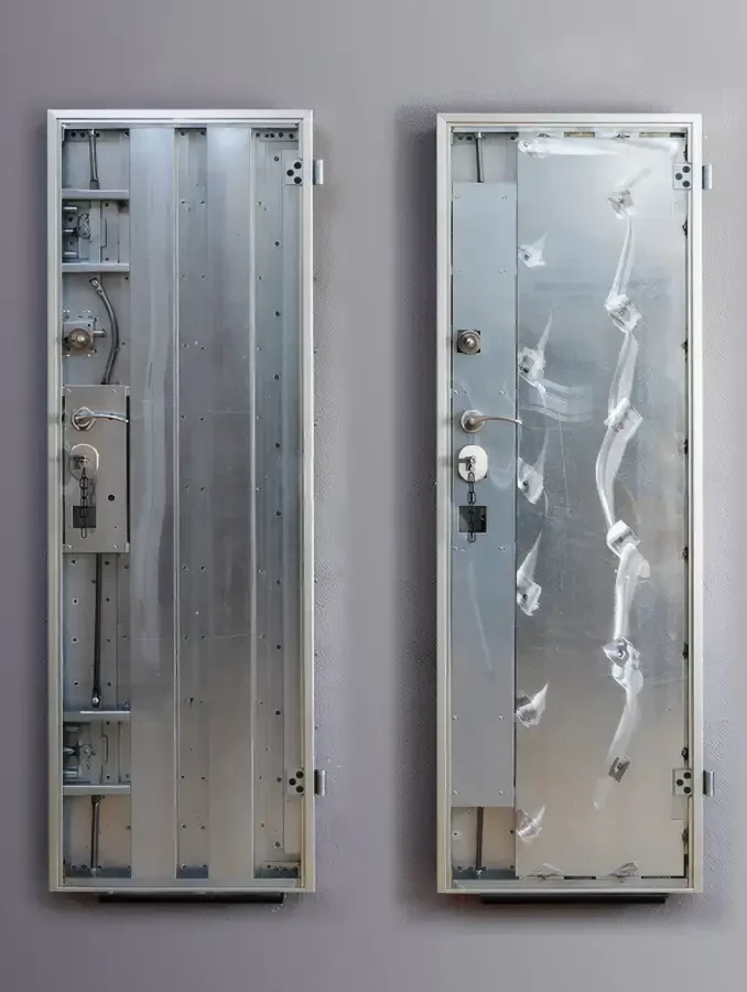 a two doors with a broken door